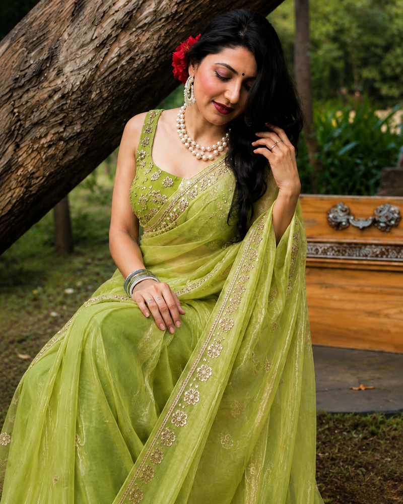 Premium Olive Green Soft Organza Sequence Work Saree