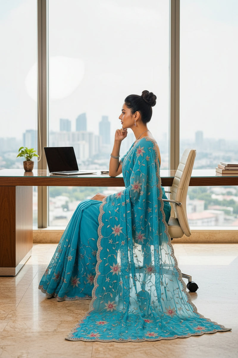 Aqua Blue Floral Embroidered Zalwar Chiffon Saree