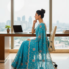 Aqua Blue Floral Embroidered Zalwar Chiffon Saree