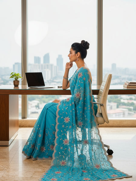 Aqua Blue Floral Embroidered Zalwar Chiffon Saree