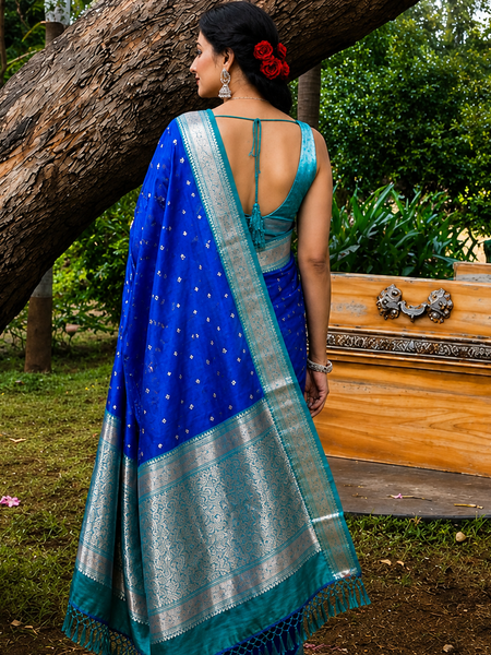 Royal Blue Silver Zari Soft Organza Saree