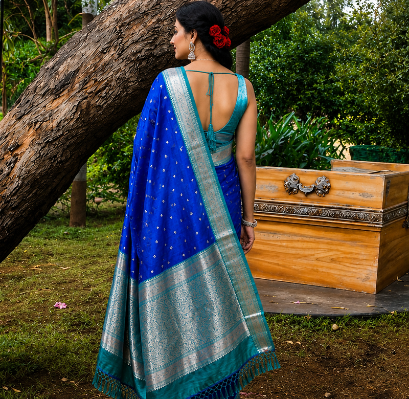 Royal Blue Silver Zari Soft Organza Saree