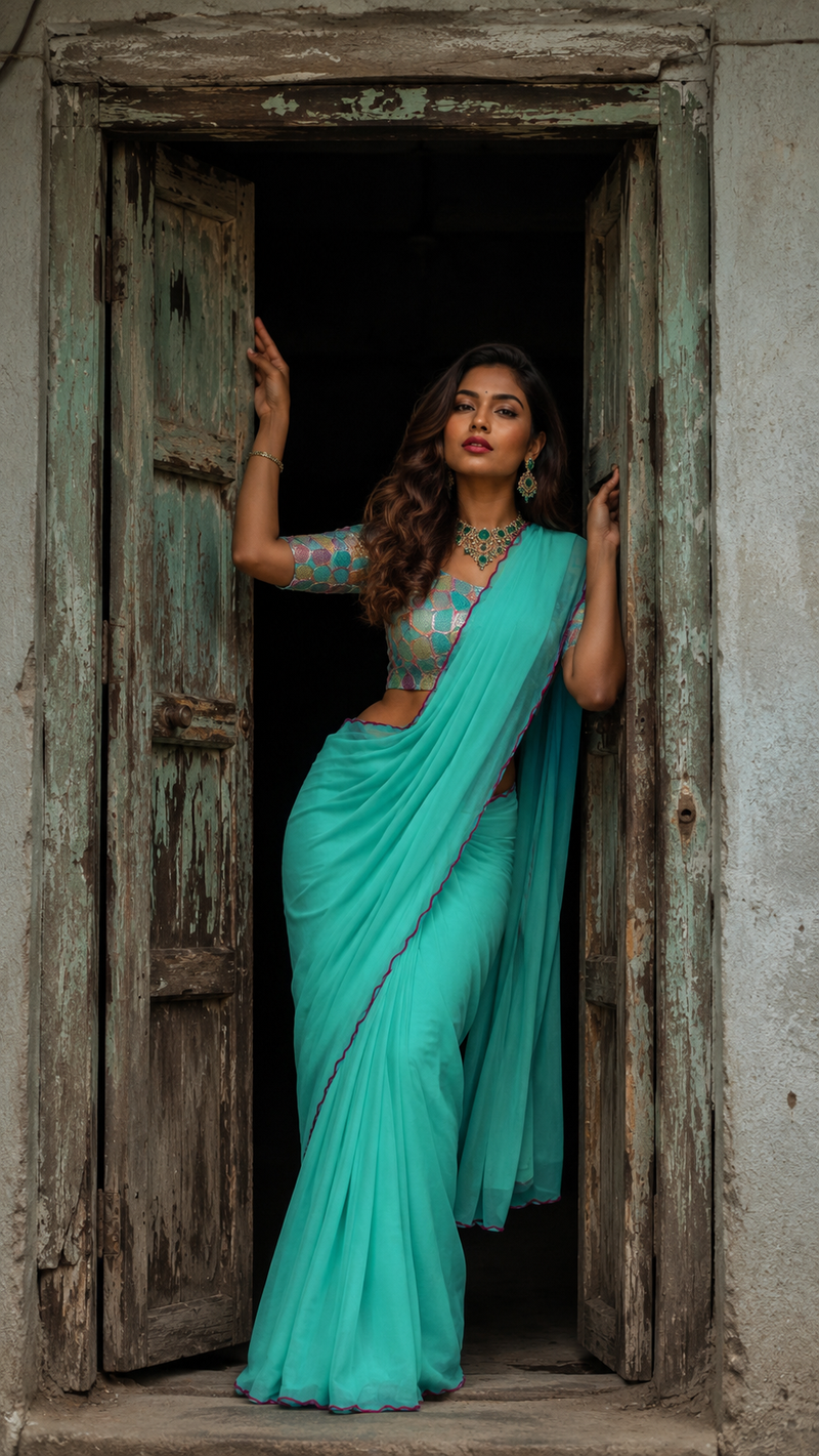 Parrot Green Plain Chiffon Saree with Designer Blouse