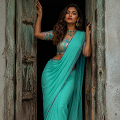 Parrot Green Plain Chiffon Saree with Designer Blouse