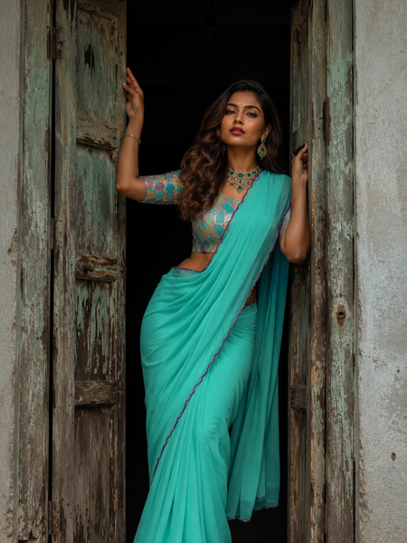 Parrot Green Plain Chiffon Saree with Designer Blouse