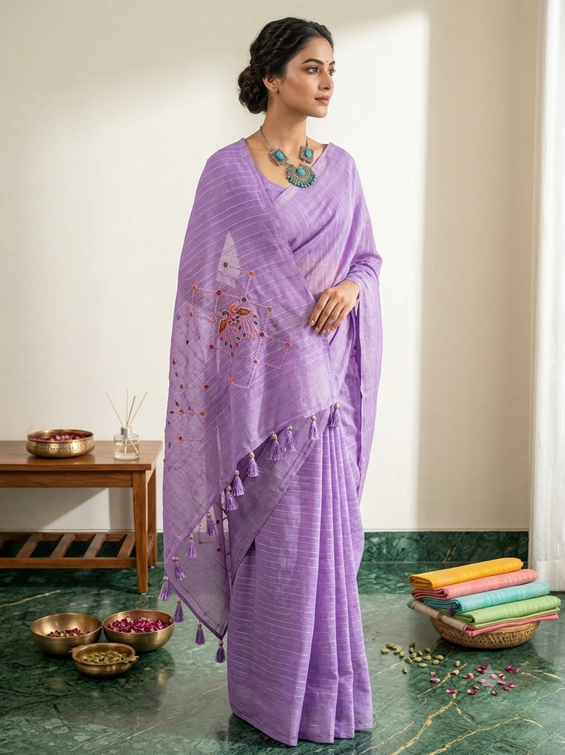 Lavender Linen Cotton Blend Embroidered Saree
