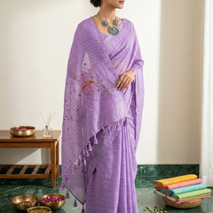 Lavender Linen Cotton Blend Embroidered Saree