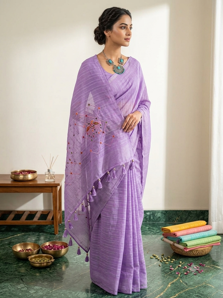 Lavender Linen Cotton Blend Embroidered Saree