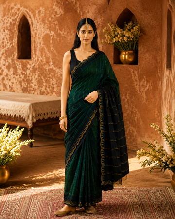 Emerald Green and Black Striped Georgette Saree