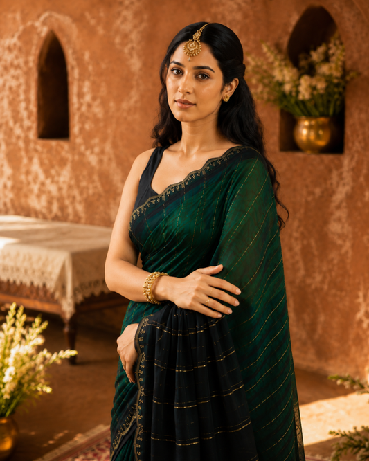 Emerald Green and Black Striped Georgette Saree