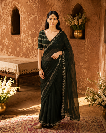 Dark Green and Black Striped Georgette Saree