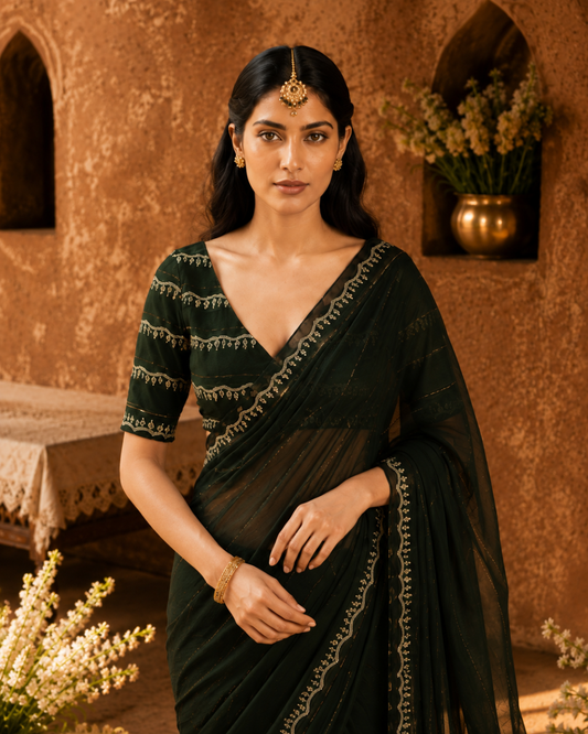 Dark Green and Black Striped Georgette Saree