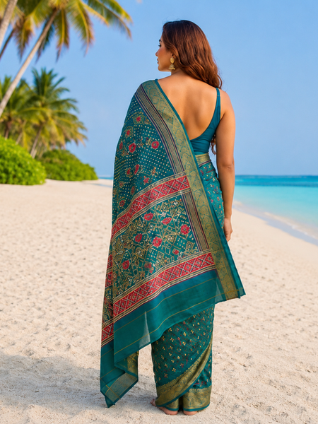 Teal Green Traditional Patola Design Art Silk Saree