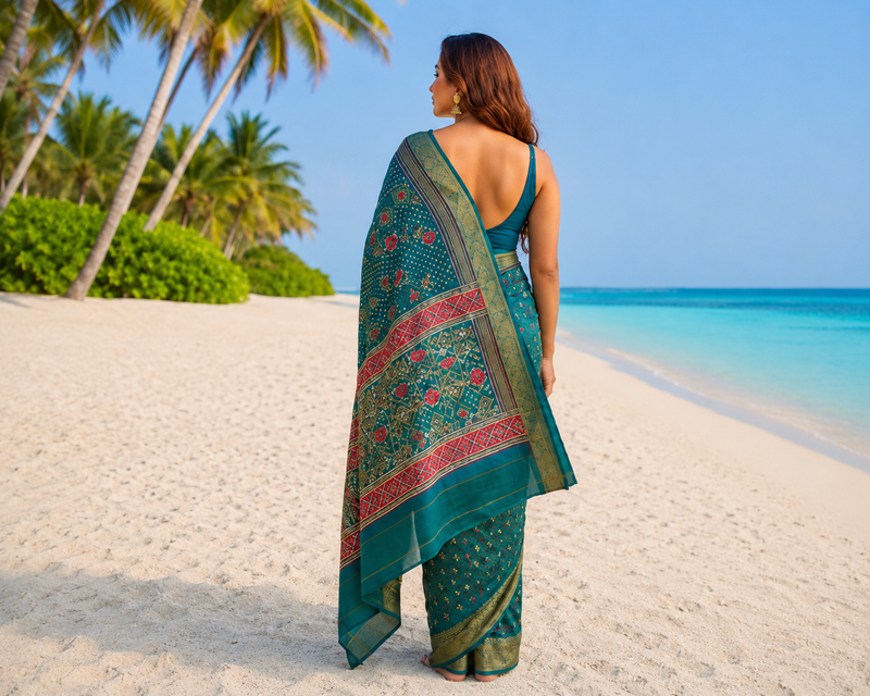 Teal Green Traditional Patola Design Art Silk Saree