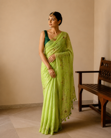 Light Green Linen Cotton Embroidered Saree