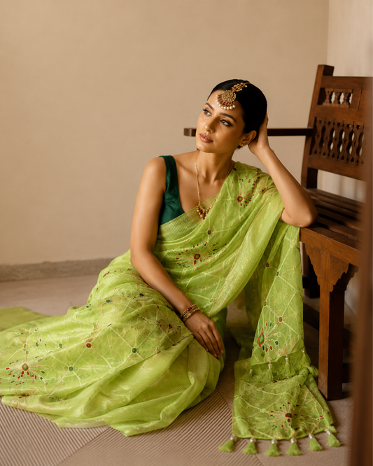 Light Green Linen Cotton Embroidered Saree