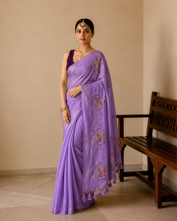 Lavender Geometric Floral Embroidered Linen Cotton Saree