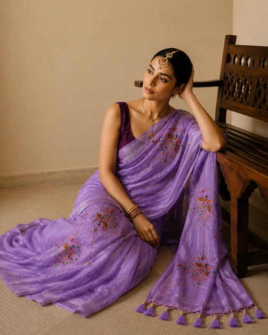Lavender Geometric Floral Embroidered Linen Cotton Saree