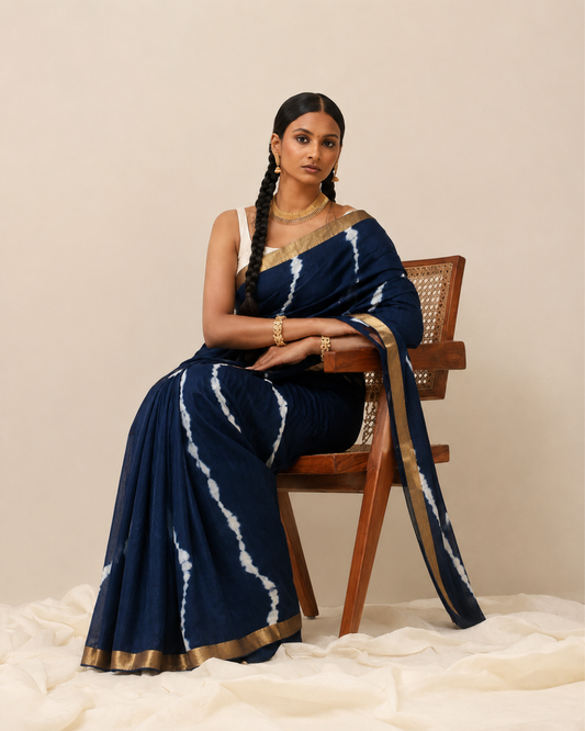 Navy Blue Tie-Dye Printed Maal Cotton Saree