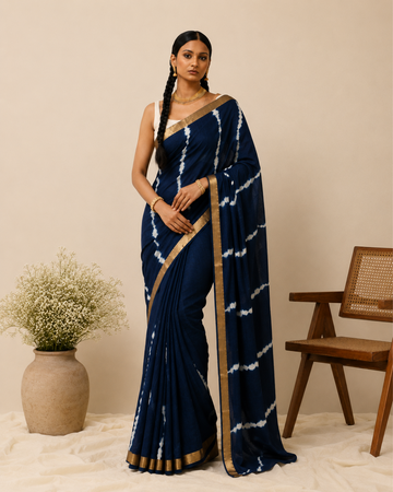 Navy Blue Tie-Dye Printed Maal Cotton Saree
