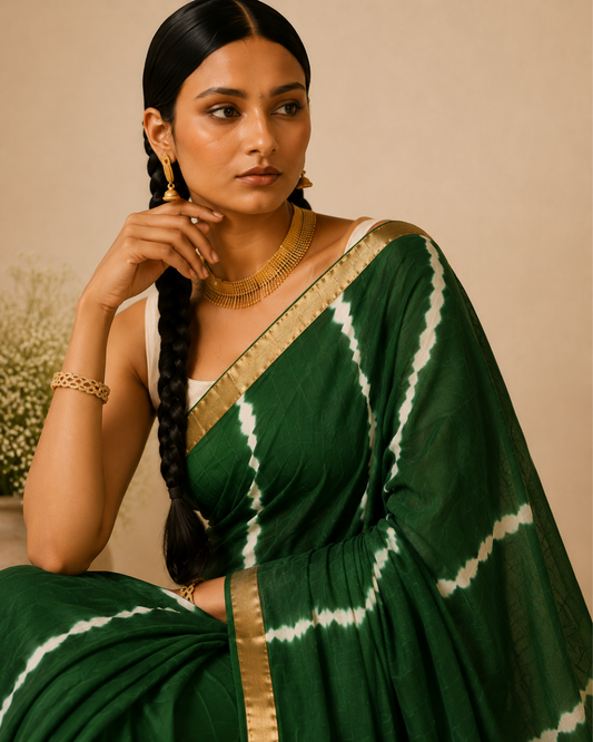 Dark Green Tie-Dye Floral Maal Cotton Saree