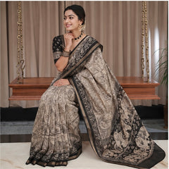 Royal Kalamkari Printed Cotton Saree in Beige & Black
