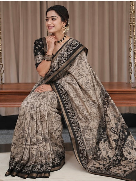 Royal Kalamkari Printed Cotton Saree in Beige & Black