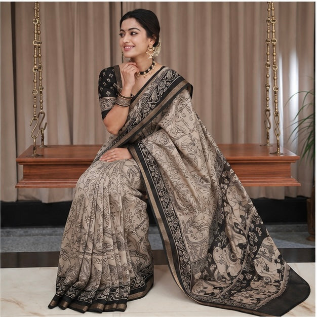 Royal Kalamkari Printed Cotton Saree in Beige & Black
