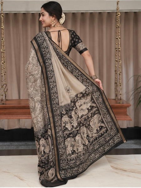 Royal Kalamkari Printed Cotton Saree in Beige & Black