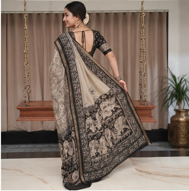 Royal Kalamkari Printed Cotton Saree in Beige & Black