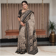 Royal Kalamkari Printed Cotton Saree in Beige & Black