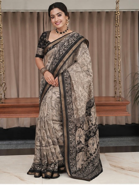 Royal Kalamkari Printed Cotton Saree in Beige & Black