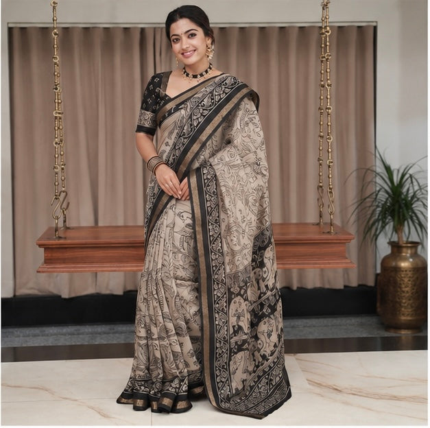 Royal Kalamkari Printed Cotton Saree in Beige & Black