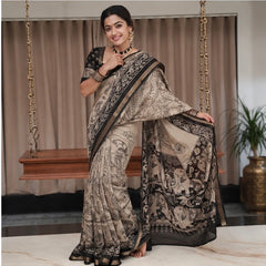 Royal Kalamkari Printed Cotton Saree in Beige & Black