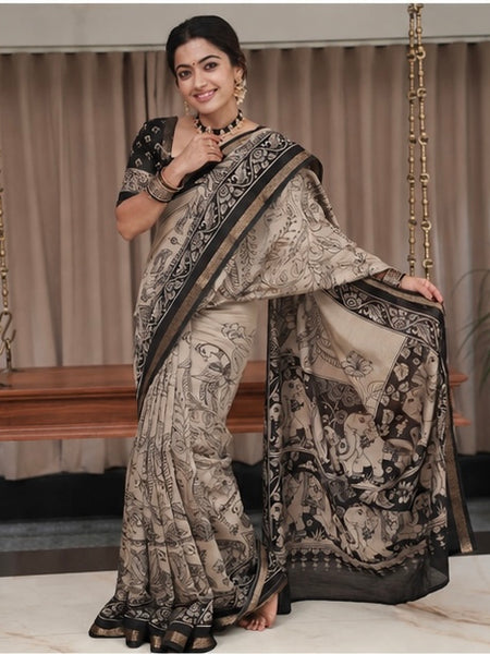 Royal Kalamkari Printed Cotton Saree in Beige & Black
