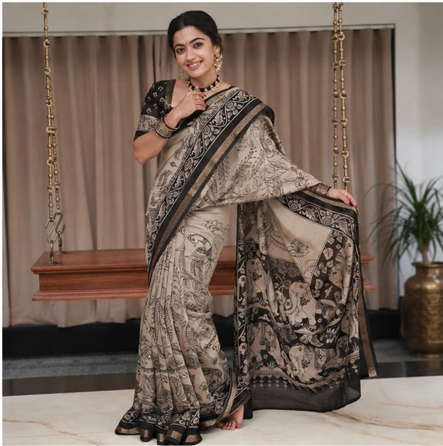 Royal Kalamkari Printed Cotton Saree in Beige & Black