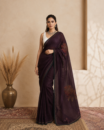 Dark Plum Floral Embroidered Georgette Saree