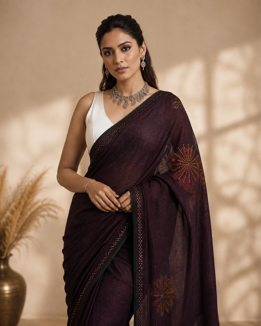 Dark Plum Floral Embroidered Georgette Saree