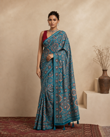 Teal Blue Printed Kasturi Silk Saree