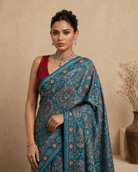 Teal Blue Printed Kasturi Silk Saree
