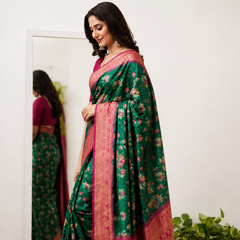 Emerald Green Lotus Print Moss Crepe Saree with Banarasi Border