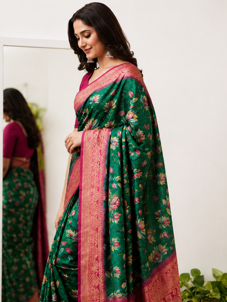 Emerald Green Lotus Print Moss Crepe Saree with Banarasi Border
