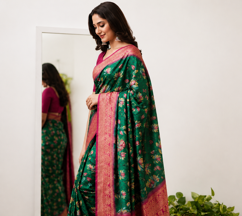 Emerald Green Lotus Print Moss Crepe Saree with Banarasi Border