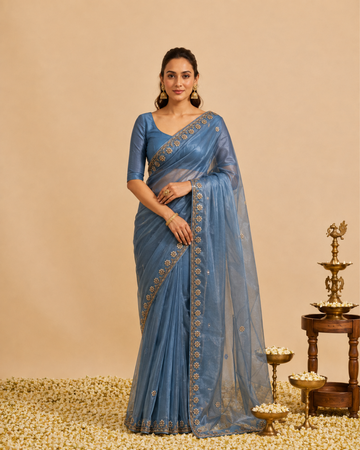 Steel Blue Organza Saree with Floral Embellished Border