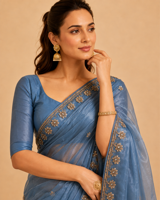 Steel Blue Organza Saree with Floral Embellished Border
