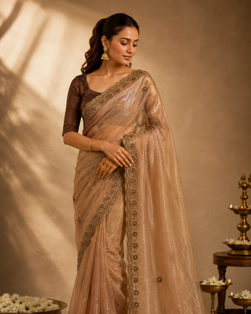 Beige Organza Saree with Floral Embellished Border