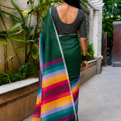 Bottle Green Cotton Saree with Multicolor Stripe Border