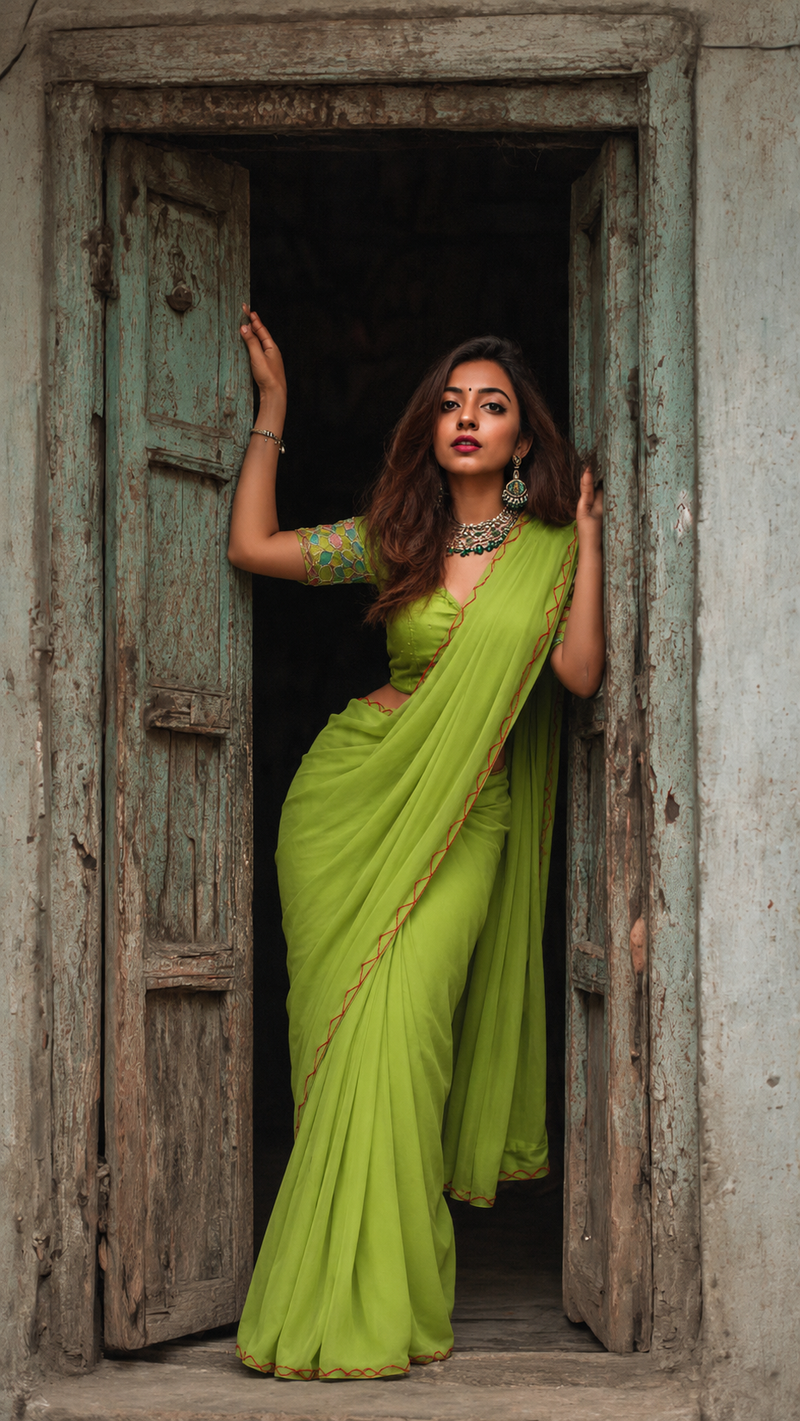 Parrot Green Plain Chiffon Saree with Designer Blouse