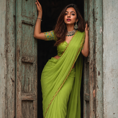 Parrot Green Plain Chiffon Saree with Designer Blouse