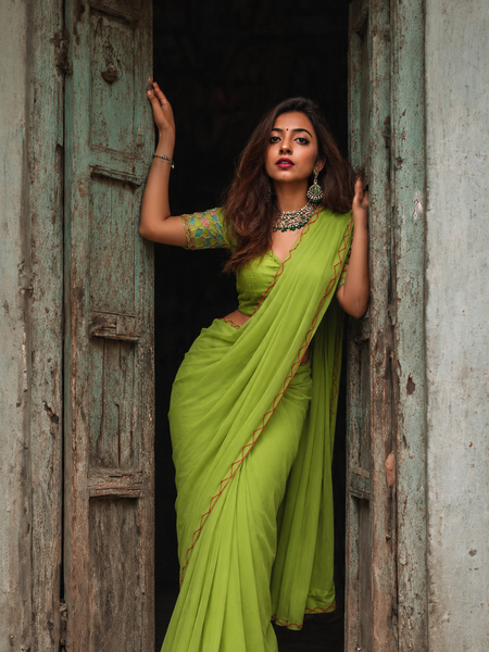 Parrot Green Plain Chiffon Saree with Designer Blouse